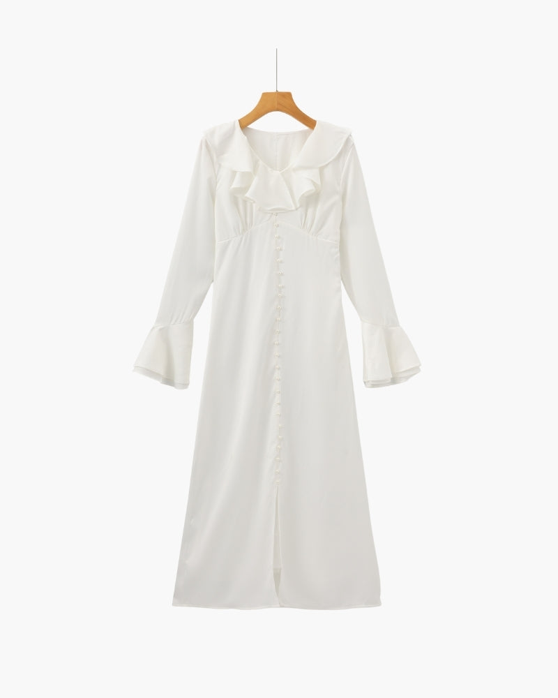 Elena | Pearl Button Ruffle Midi Dress