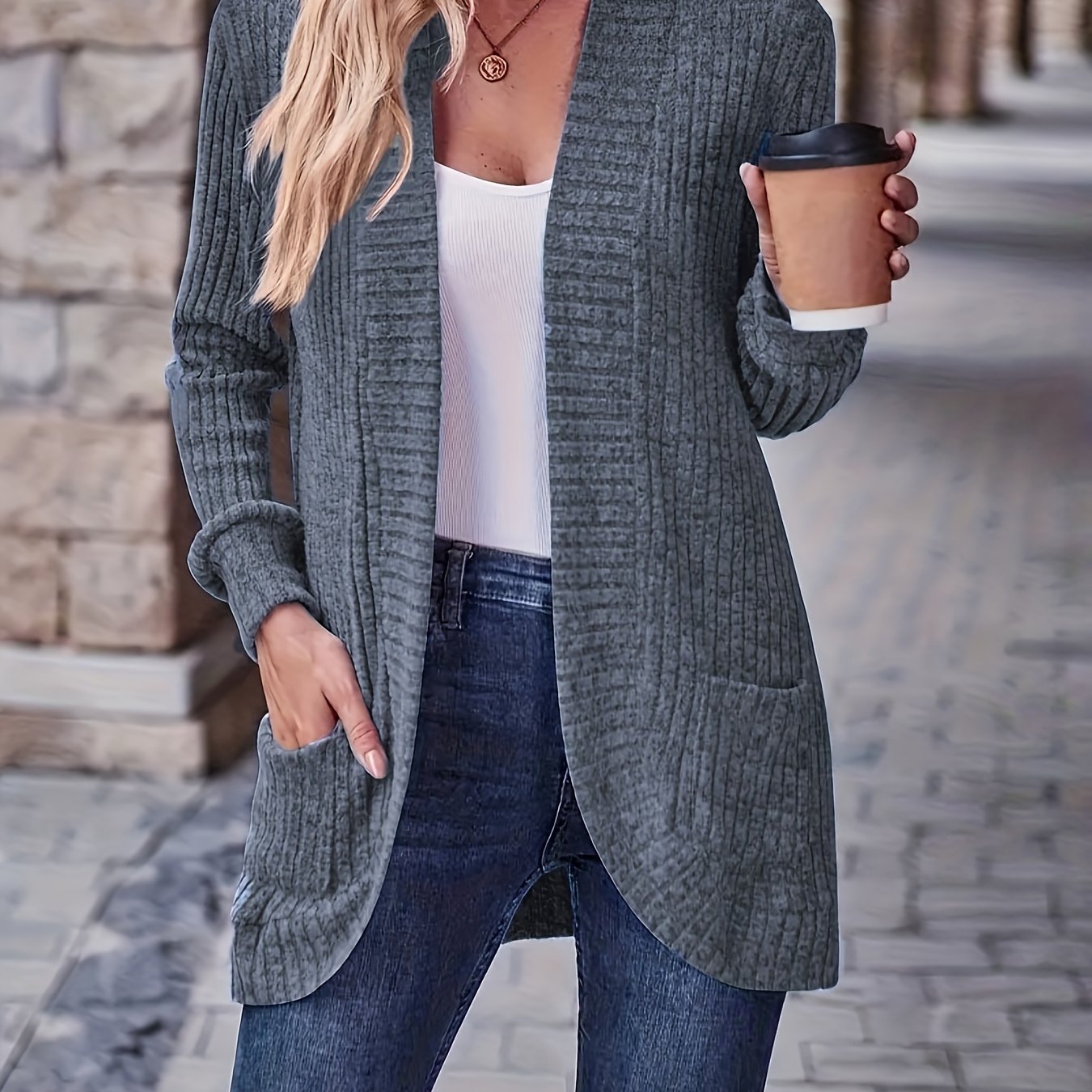 Rosemary | Women's Ribbed Pocket Long Sleeve Cardigan