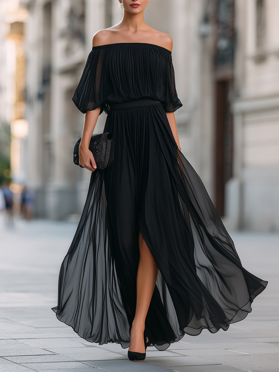 Cressida | Women's Off-Shoulder Pleated Maxi Wedding Guest Dress