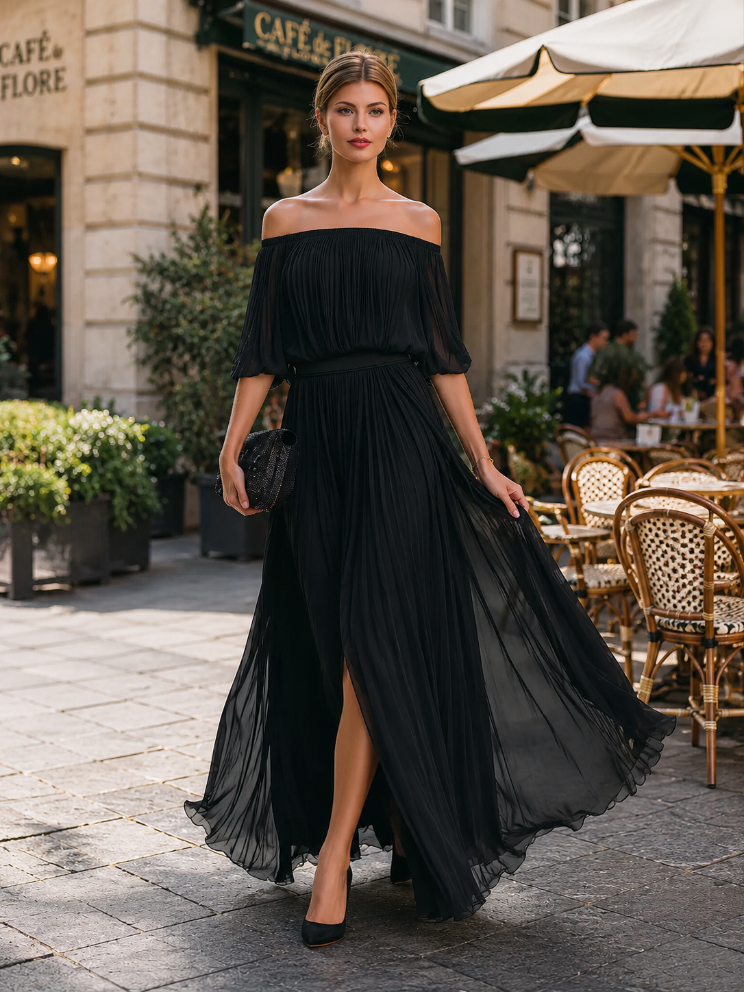 Cressida | Women's Off-Shoulder Pleated Maxi Wedding Guest Dress