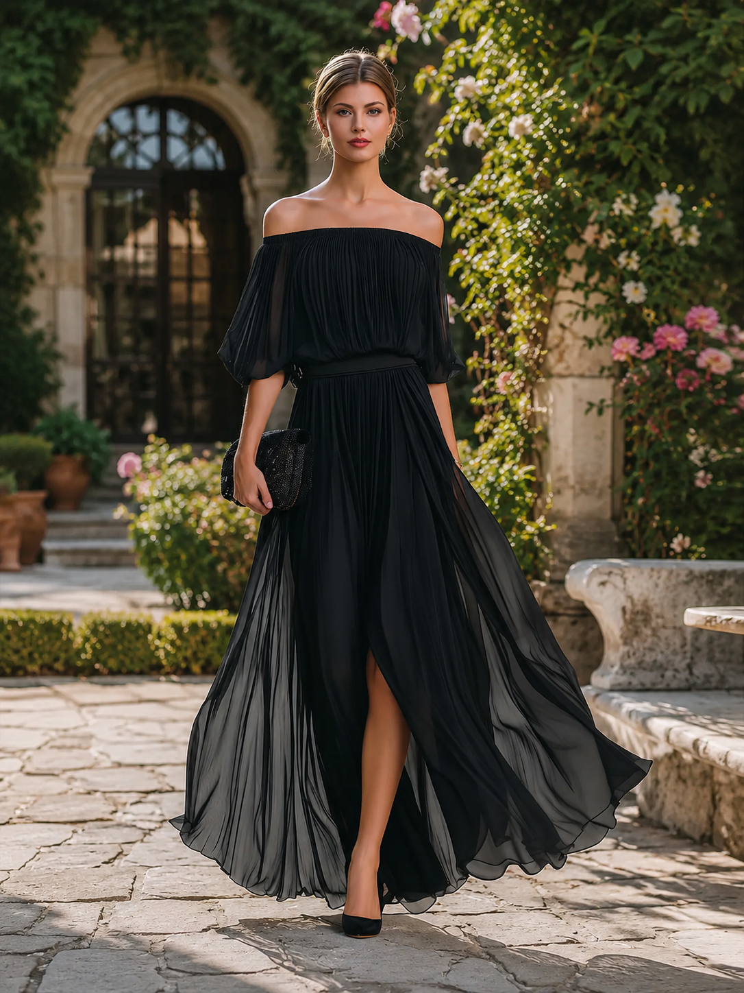 Cressida | Women's Off-Shoulder Pleated Maxi Wedding Guest Dress