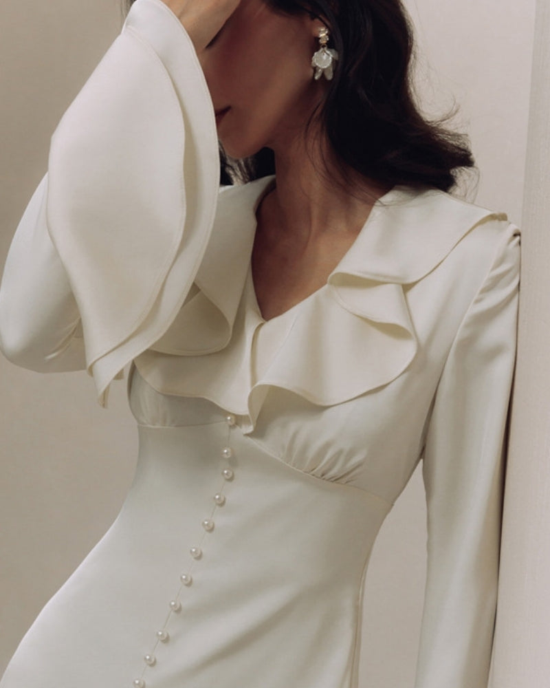 Elena | Pearl Button Ruffle Midi Dress