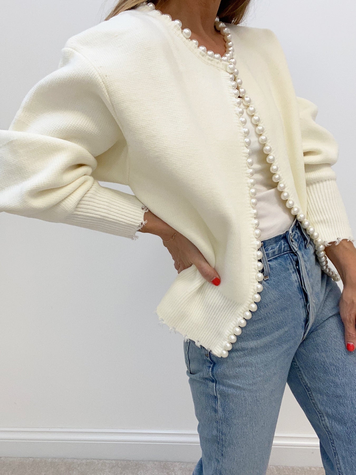 Nora | Women's Pearl Trim Ripped Hem Cardigan