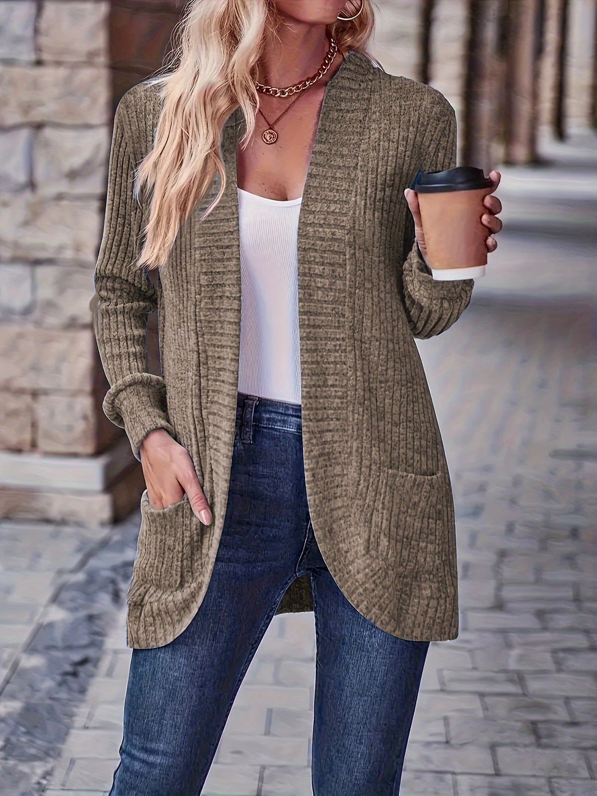 Rosemary | Women's Ribbed Pocket Long Sleeve Cardigan