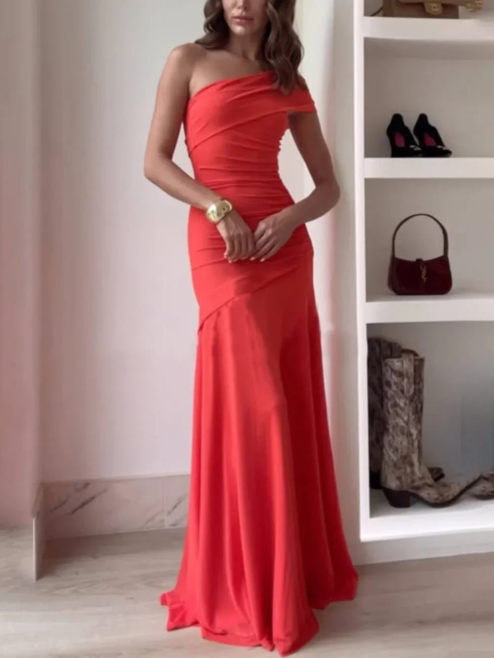 Georgiana | Women's Asymmetric Ruched Maxi Dress