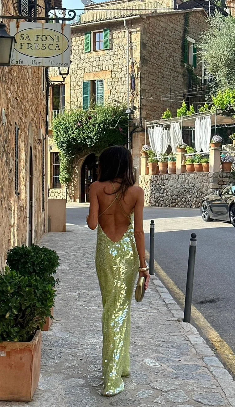 Cosima | Women's Green Sequin Backless Maxi Dress