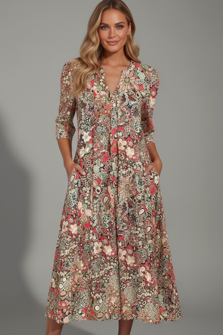 Charlotte | Women's V-Neck Three-Quarter Sleeve Midi Dress