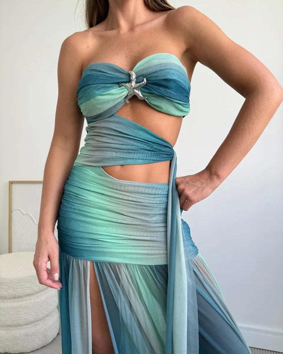 Wren | Women’s Strapless Mesh Cut-Out Maxi Dress