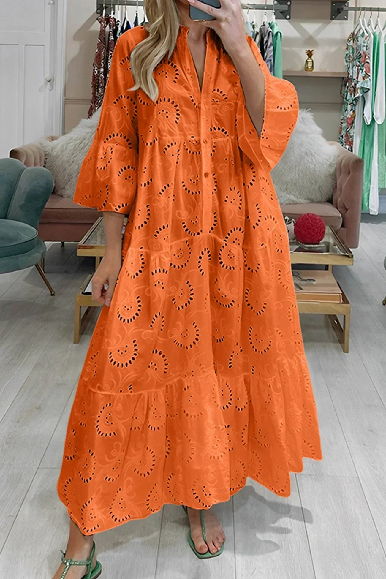 Openwork Maxi dress, 3/4 sleeves, V-neck, summer