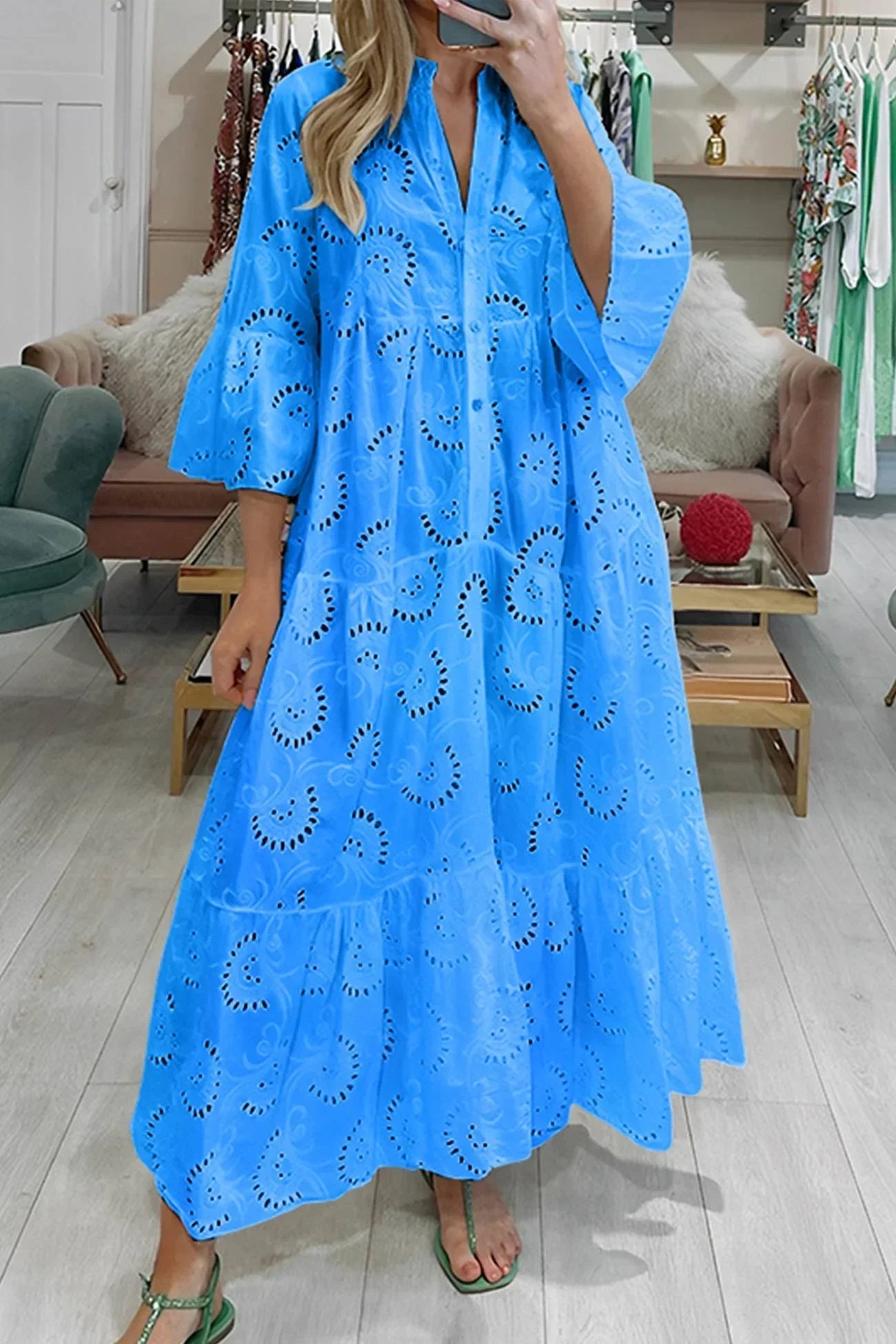 Openwork Maxi dress, 3/4 sleeves, V-neck, summer