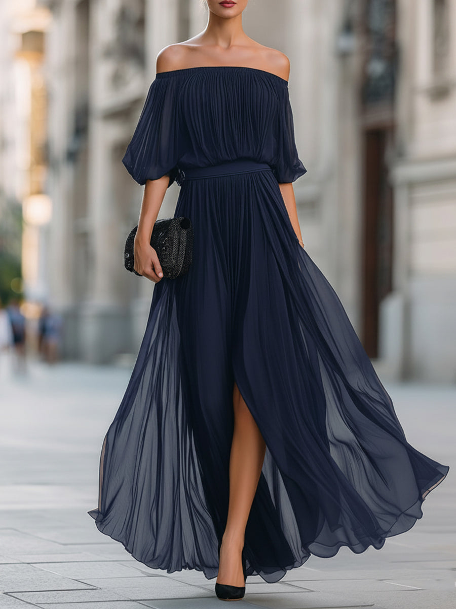 Cressida | Women's Off-Shoulder Pleated Maxi Wedding Guest Dress