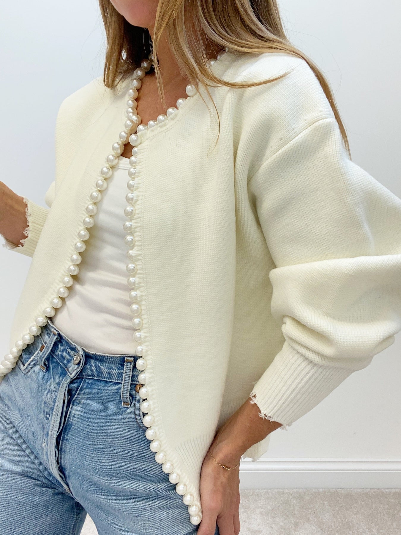 Nora | Women's Pearl Trim Ripped Hem Cardigan