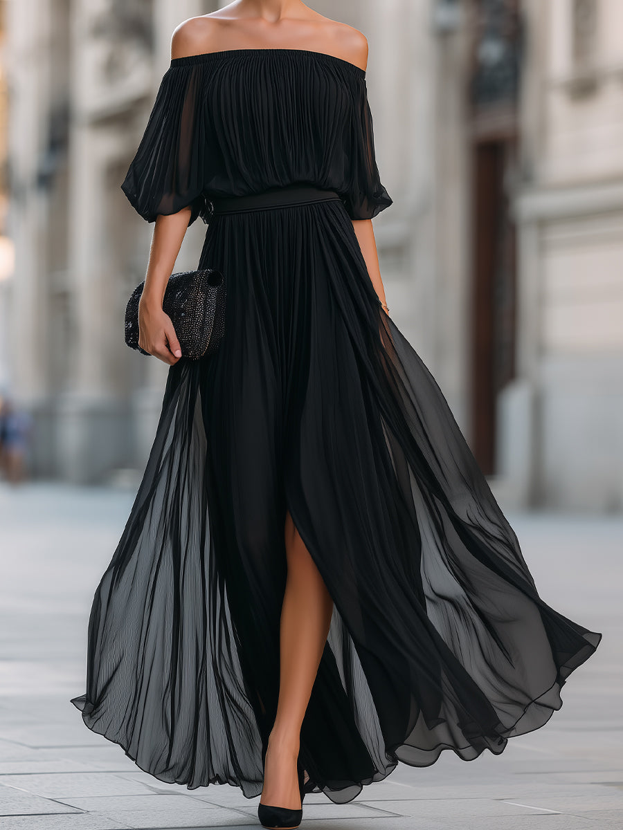 Cressida | Women's Off-Shoulder Pleated Maxi Wedding Guest Dress