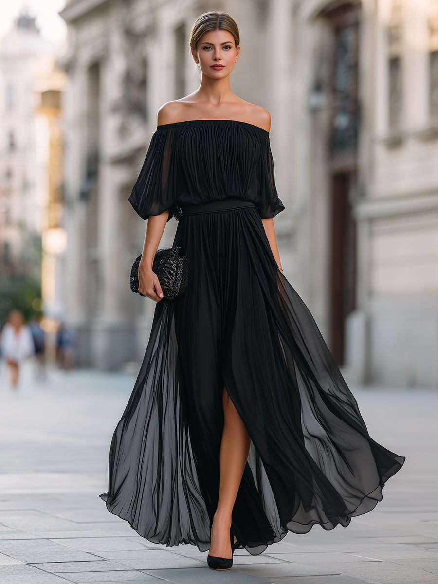 Cressida | Women's Off-Shoulder Pleated Maxi Wedding Guest Dress