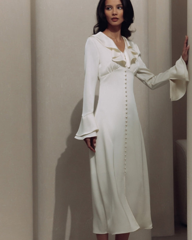 Elena | Pearl Button Ruffle Midi Dress
