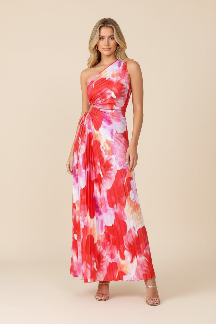 Juniper | Women's One-Shoulder Floral Pleated Maxi Wedding Guest Dress