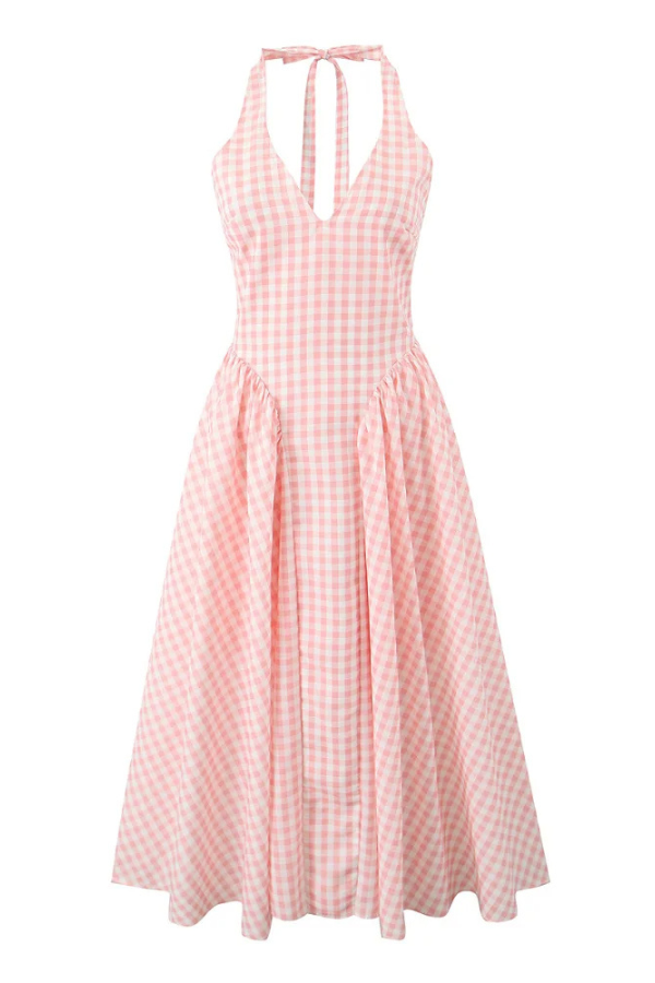 Liora | Women's Sleeveless Halter-neck Gingham Midi Summer Dress