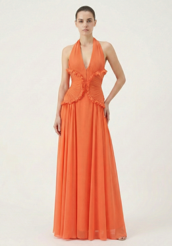 Marlowe | Women's Halter Ruffle A-Line Maxi Wedding Guest Dress