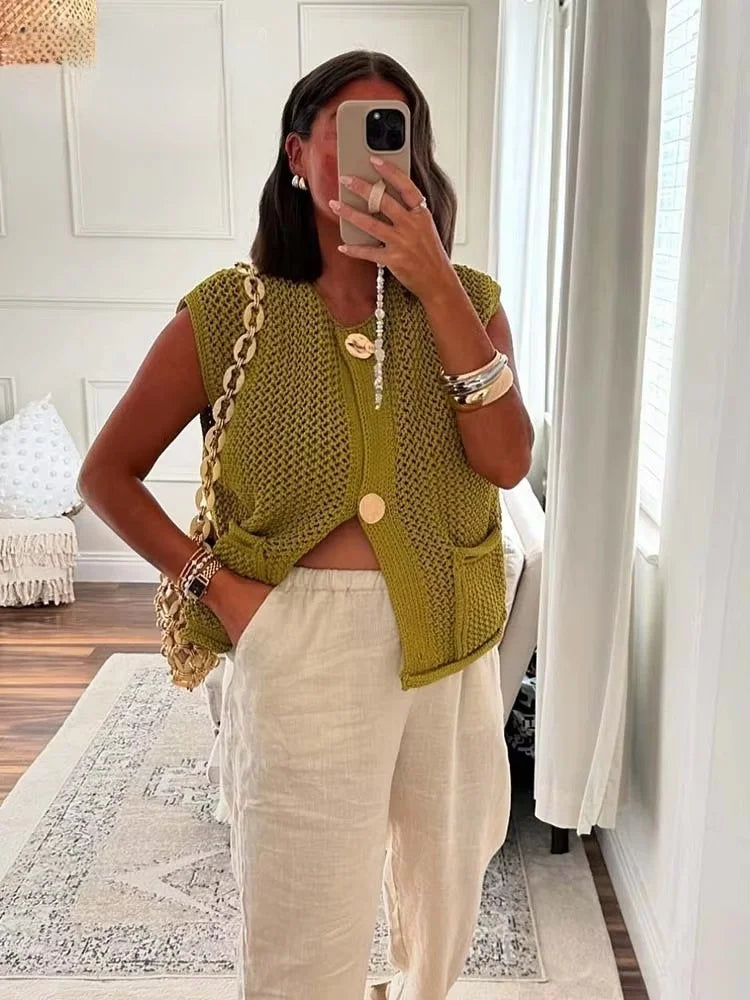 Meredith | Women's Openwork Button Front Sleeveless Waistcoat