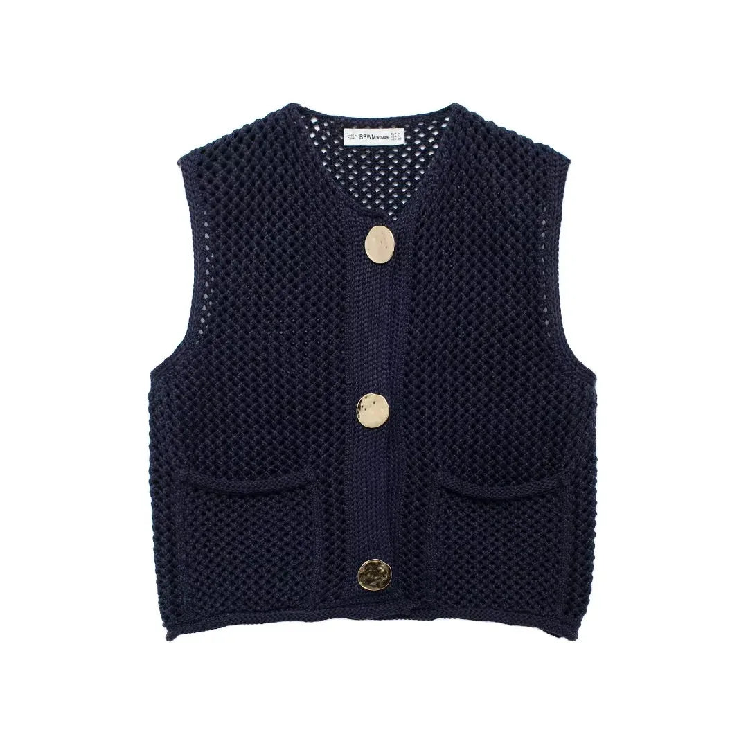 Meredith | Women's Openwork Button Front Sleeveless Waistcoat