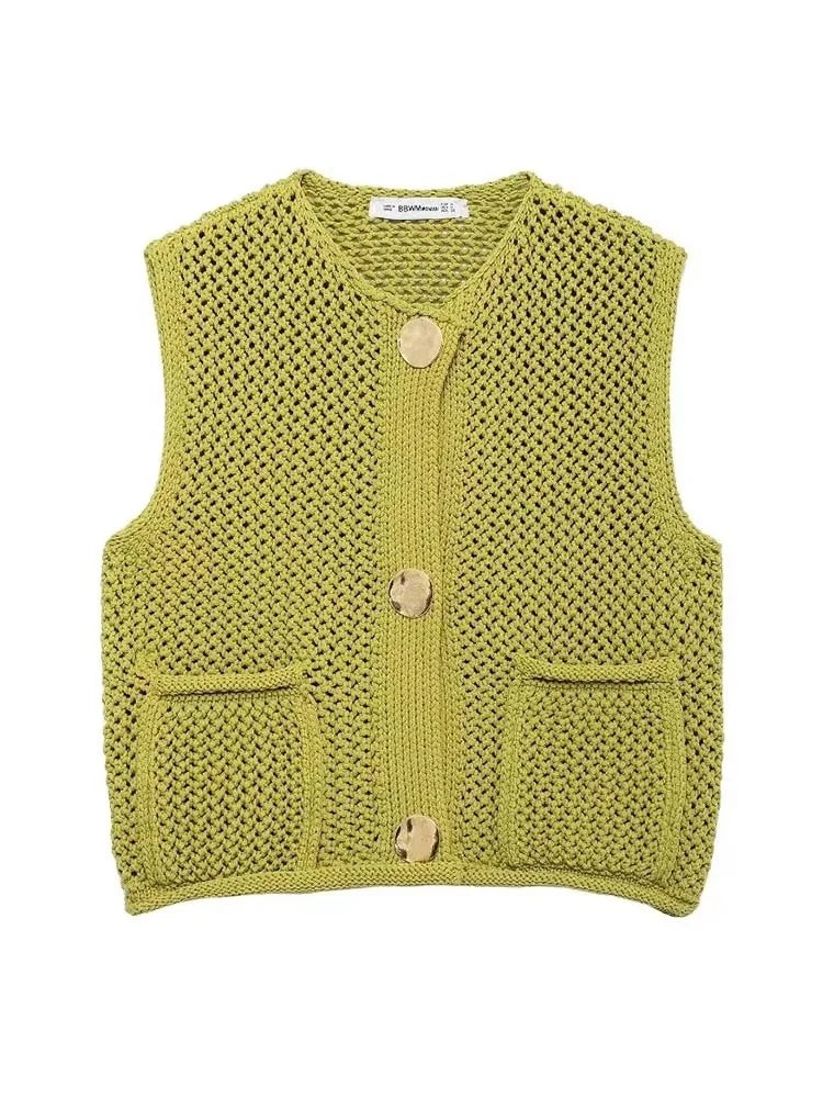 Meredith | Women's Openwork Button Front Sleeveless Waistcoat