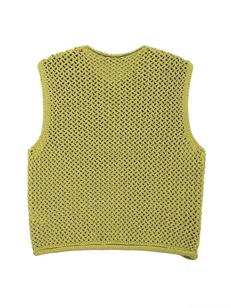 Meredith | Women's Openwork Button Front Sleeveless Waistcoat