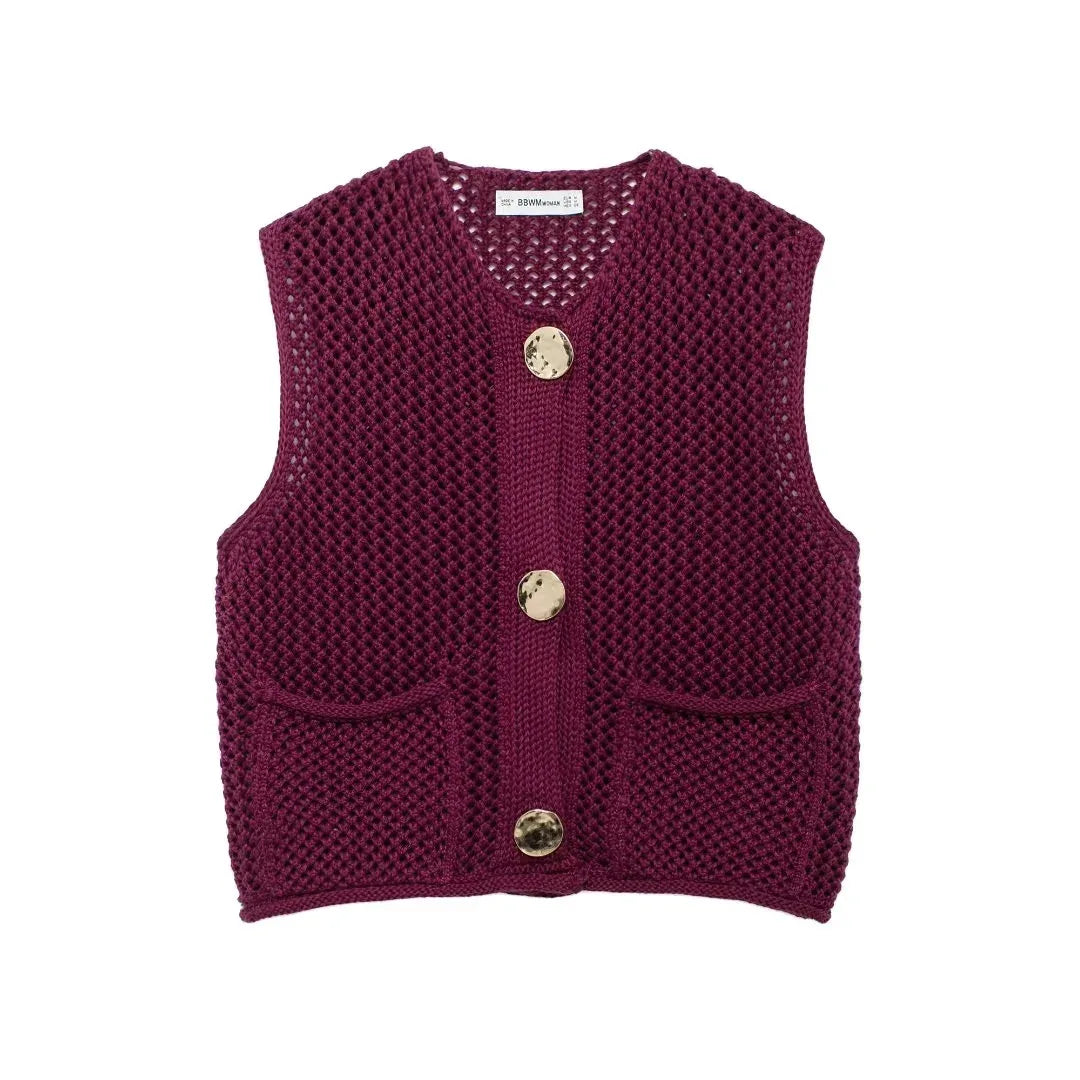 Meredith | Women's Openwork Button Front Sleeveless Waistcoat