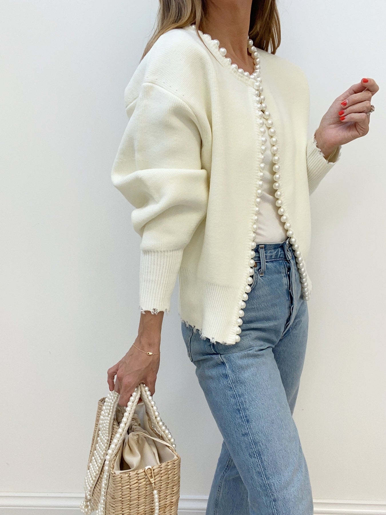 Nora | Women's Pearl Trim Ripped Hem Cardigan