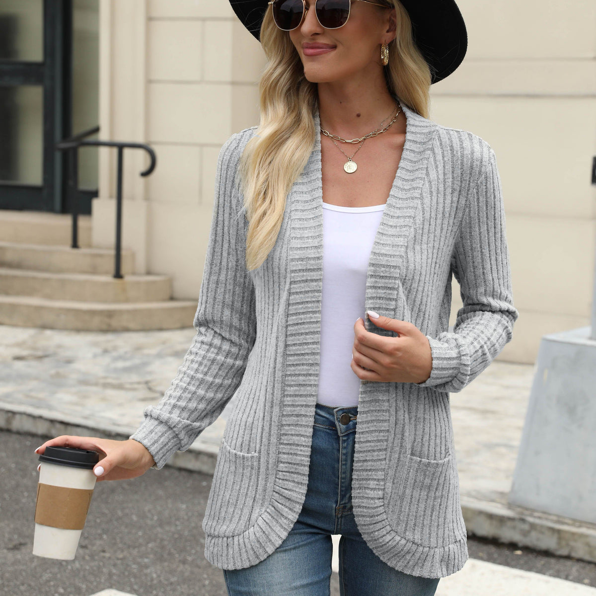 Rosemary | Women's Ribbed Pocket Long Sleeve Cardigan
