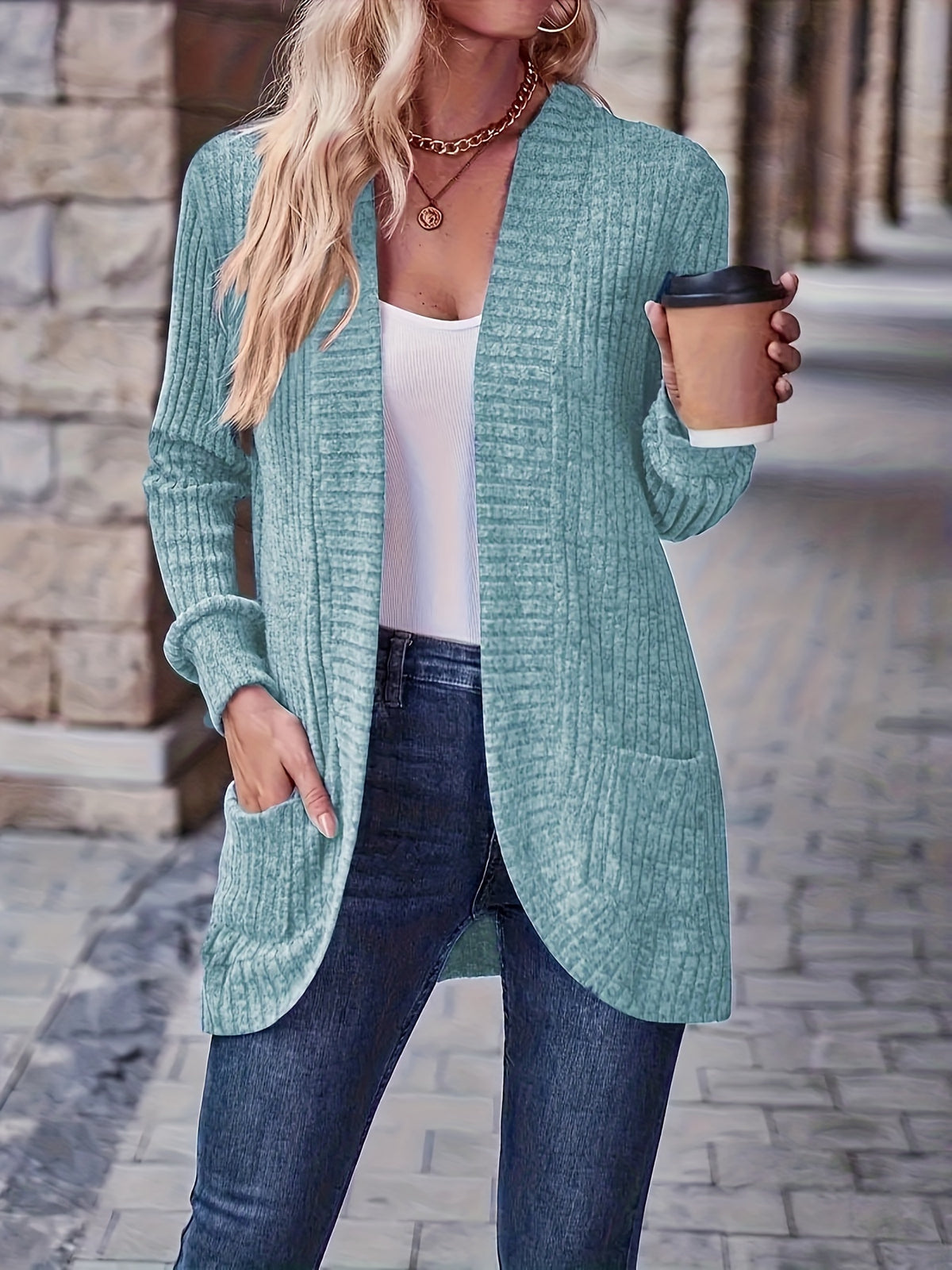 Rosemary | Women's Ribbed Pocket Long Sleeve Cardigan
