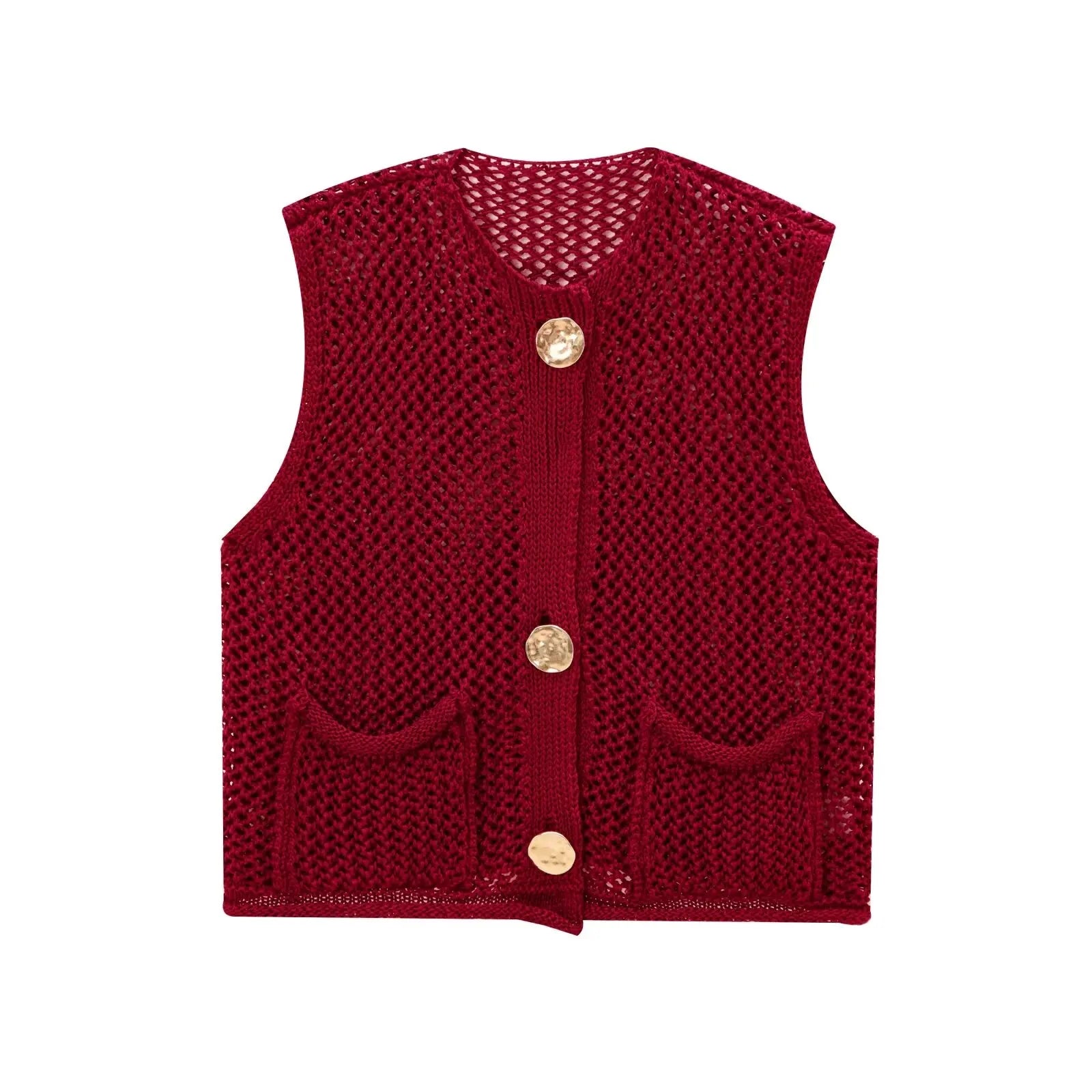 Meredith | Women's Openwork Button Front Sleeveless Waistcoat