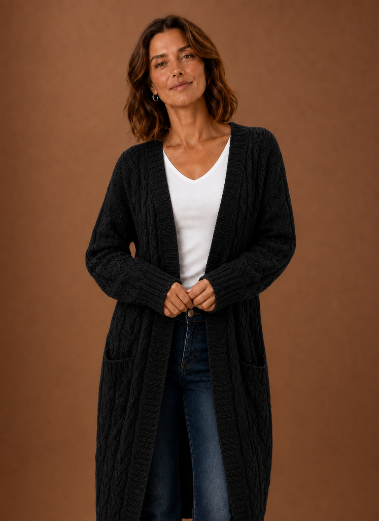 Winifred | Women's Hooded Longline Cable Cardigan
