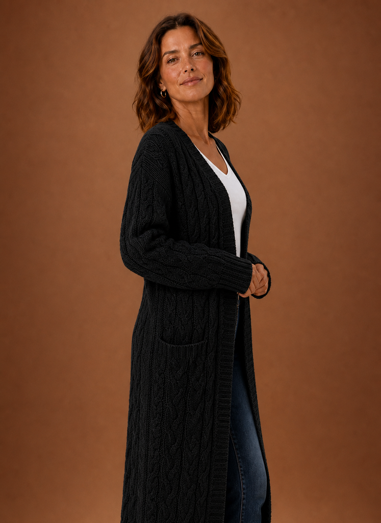 Winifred | Women's Hooded Longline Cable Cardigan