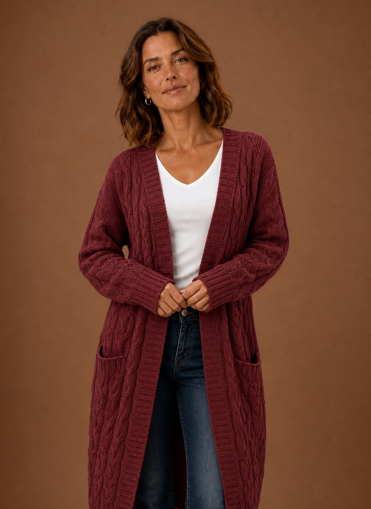 Winifred | Women's Hooded Longline Cable Cardigan