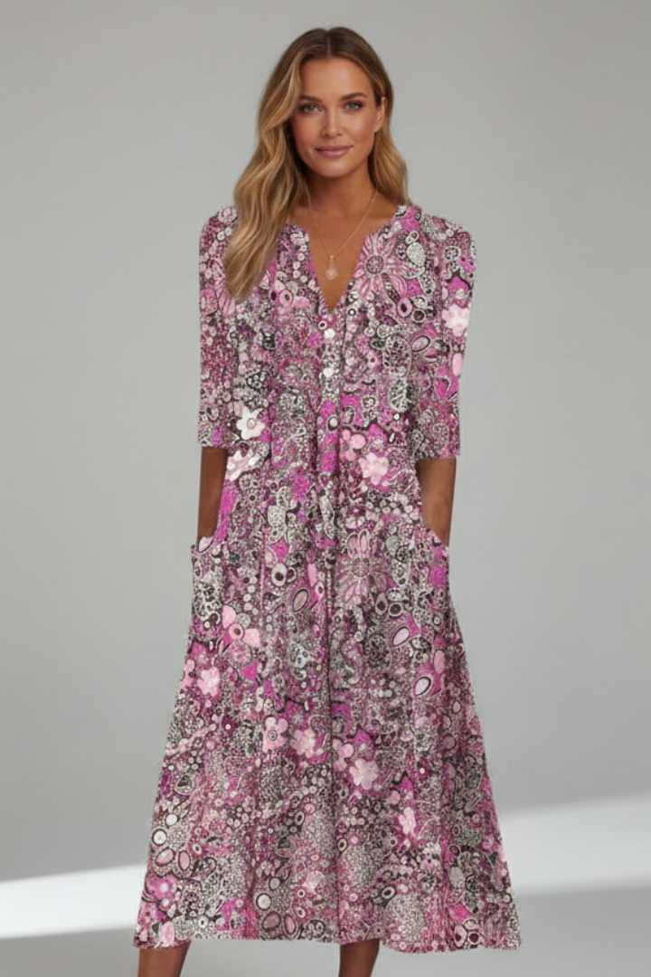 Charlotte | Women's V-Neck Three-Quarter Sleeve Midi Dress