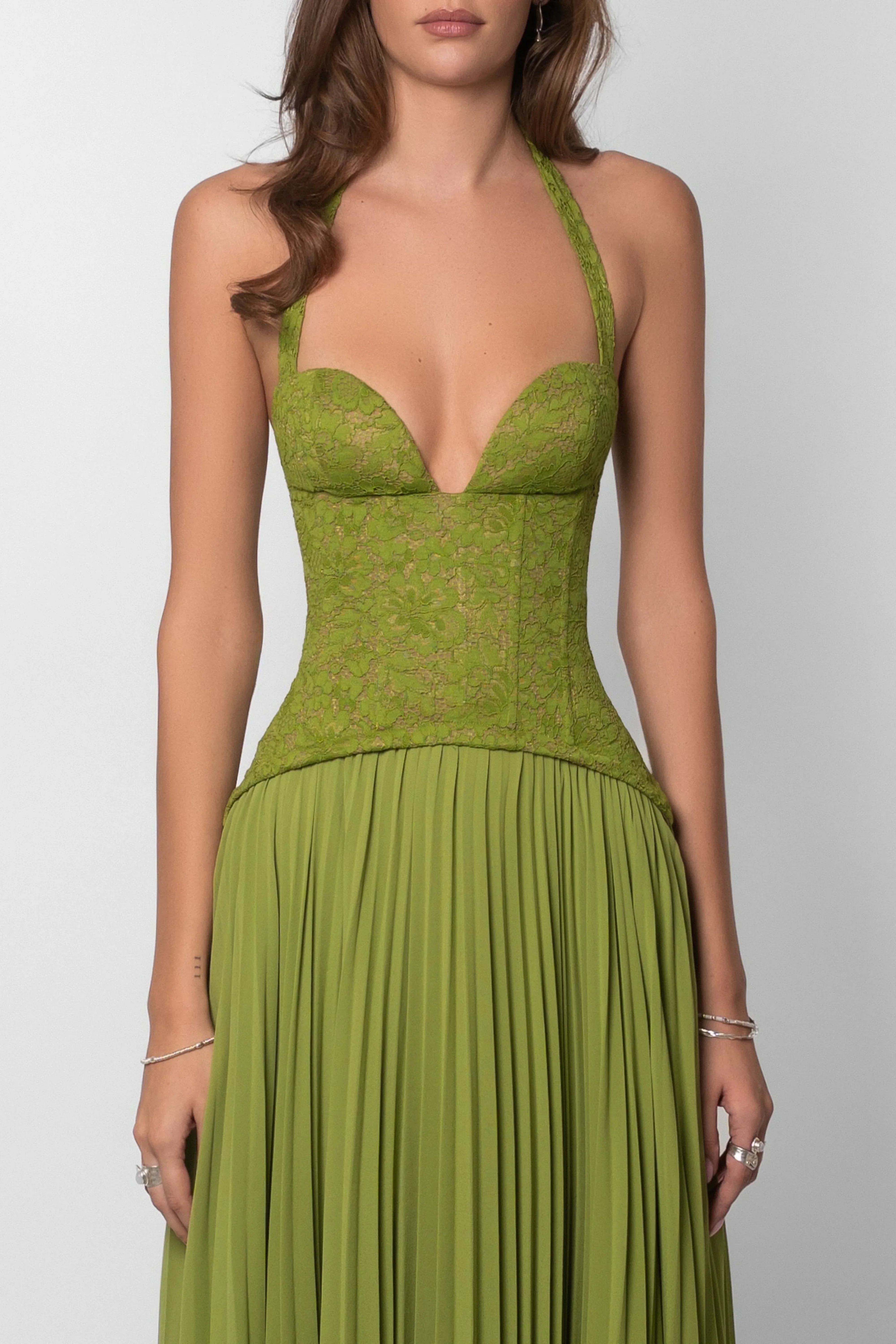 Women's green pleated corset Maxi dress