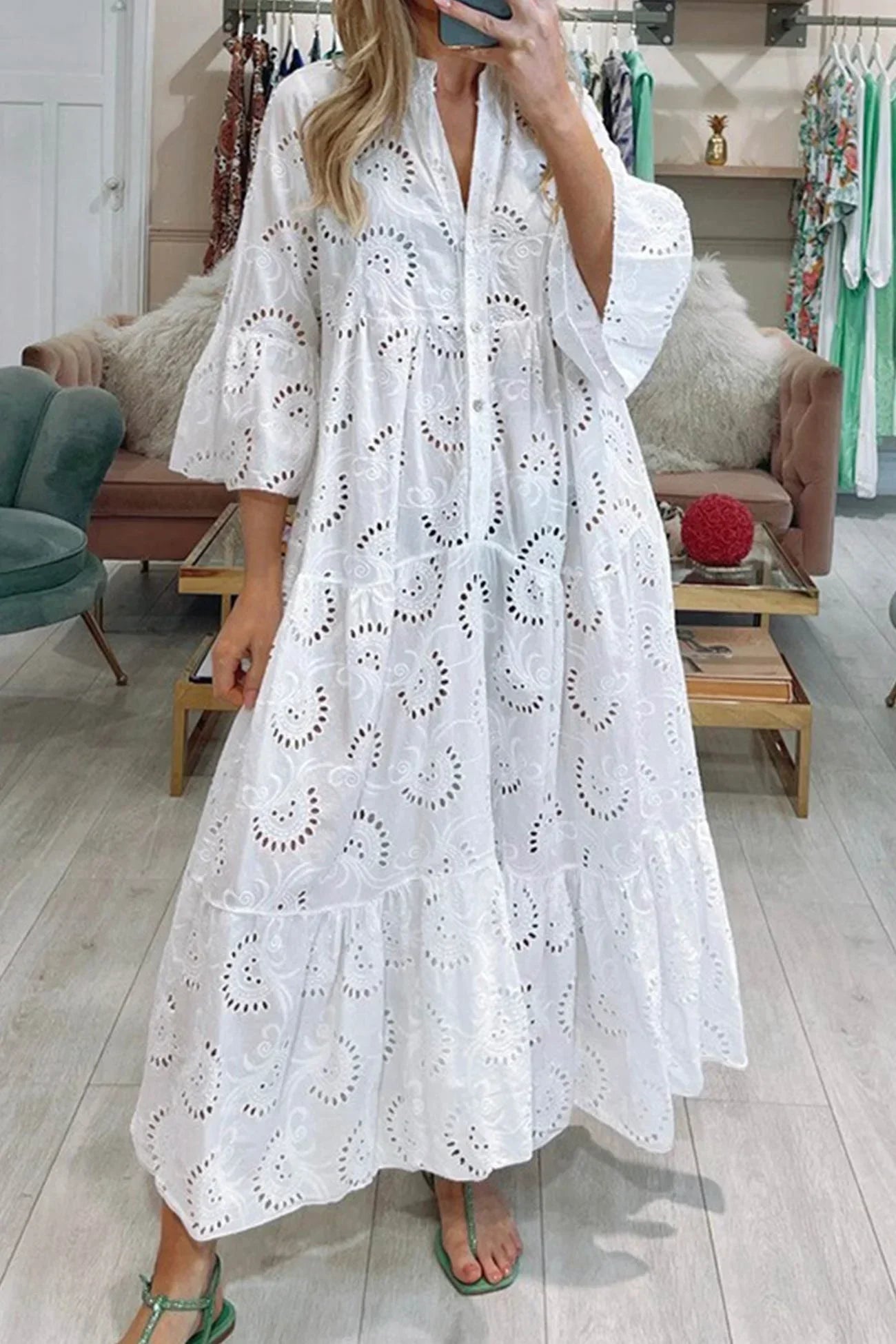 Openwork Maxi dress, 3/4 sleeves, V-neck, summer