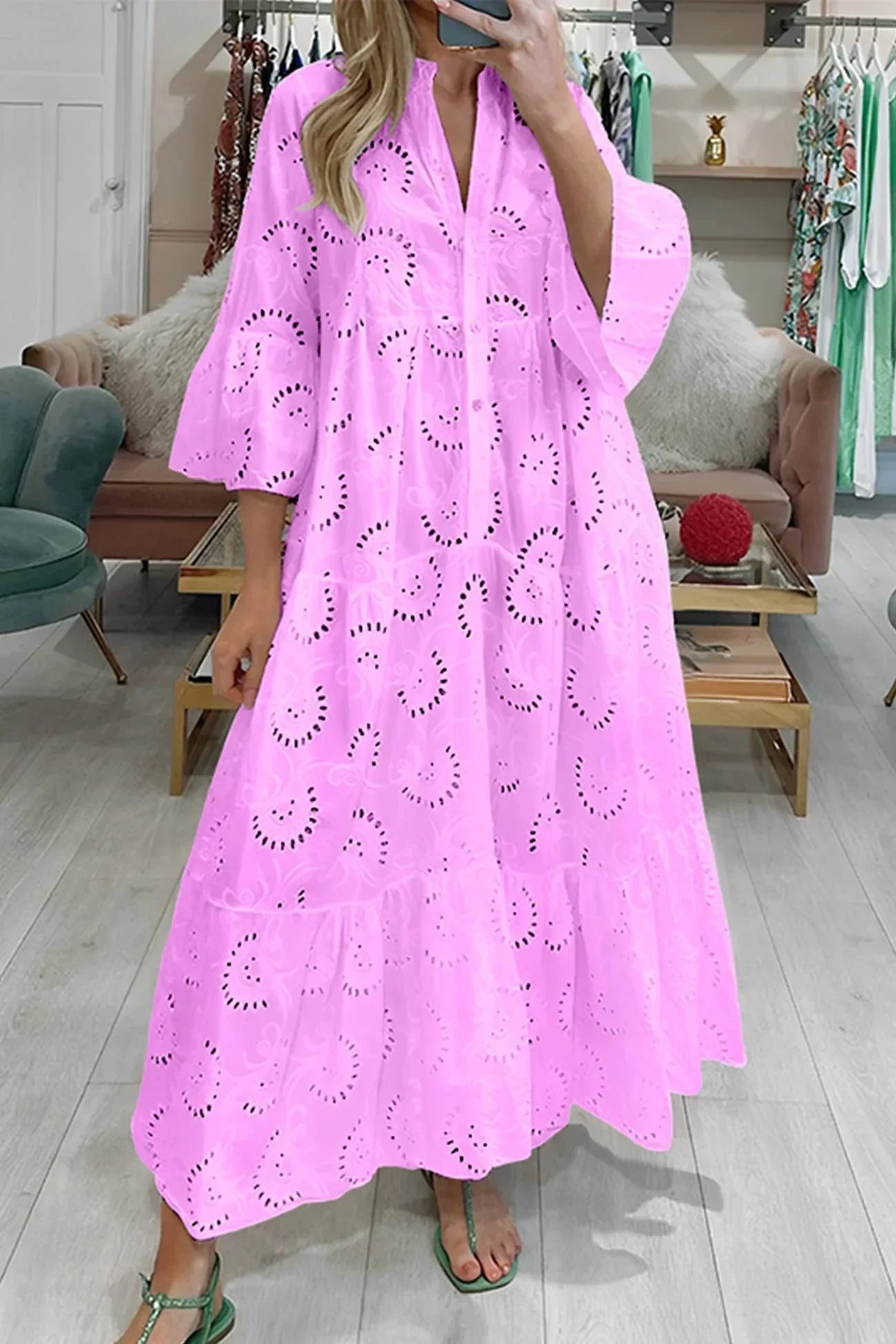 Openwork Maxi dress, 3/4 sleeves, V-neck, summer