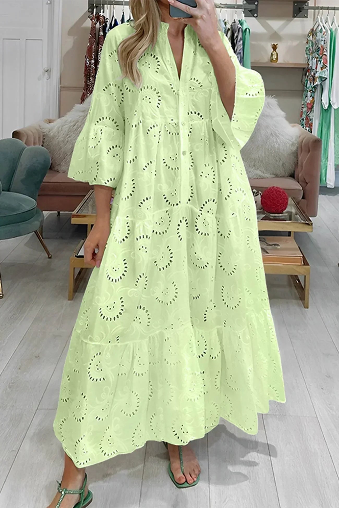 Openwork Maxi dress, 3/4 sleeves, V-neck, summer