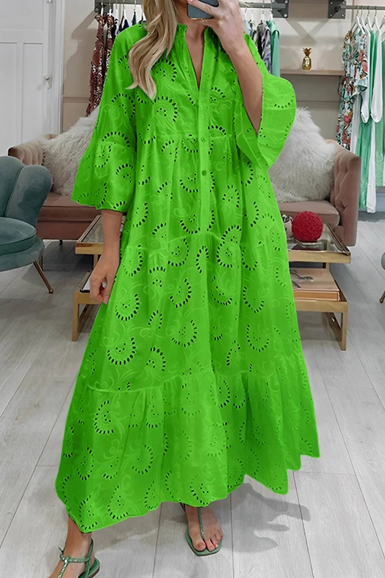 Openwork Maxi dress, 3/4 sleeves, V-neck, summer