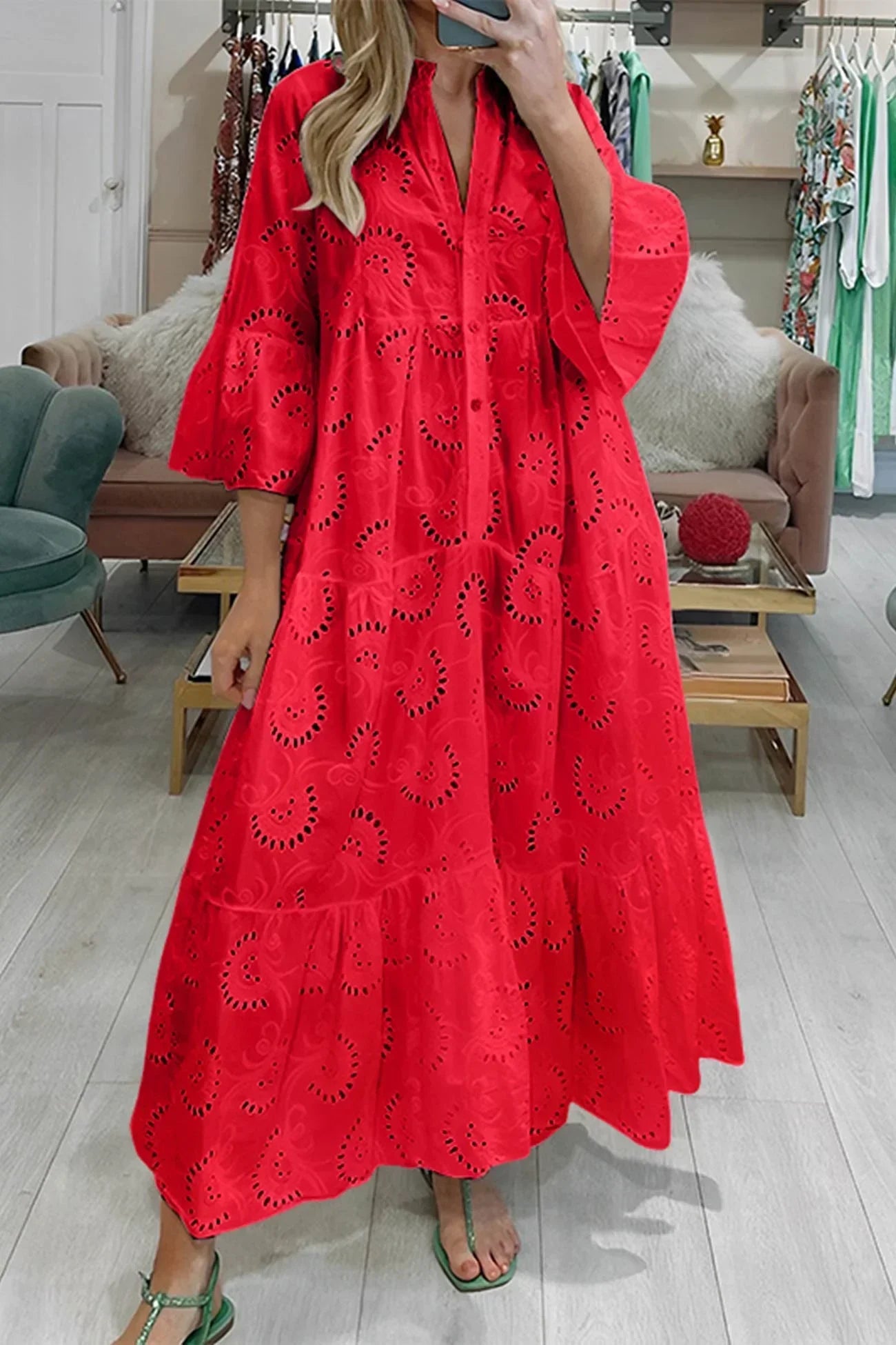 Openwork Maxi dress, 3/4 sleeves, V-neck, summer