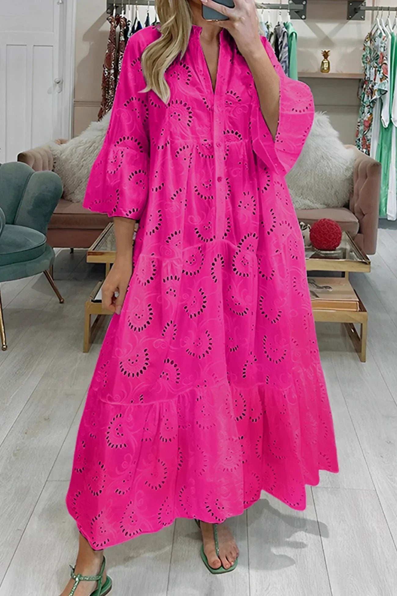 Openwork Maxi dress, 3/4 sleeves, V-neck, summer